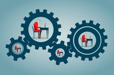 A cartoon image depicting office workers in gears.